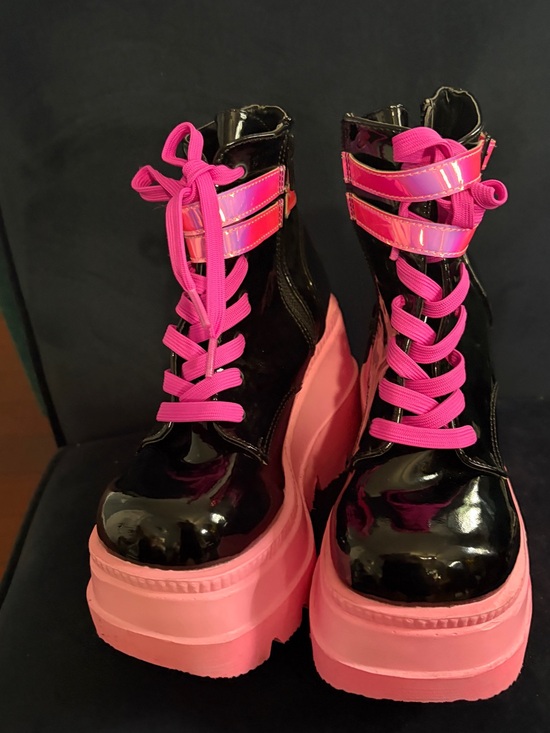 Shoes - Patent Black Platform Lace-Up Boots with Hot Pink Accents